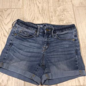 Super stretchy high rise midi jean shorts